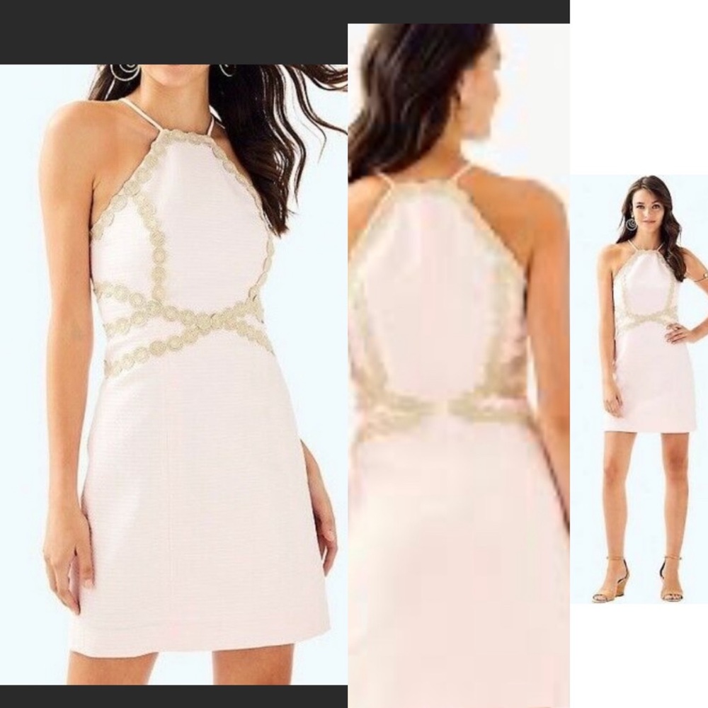 Pearl Shift Dress Paradise Tint Pink Halter Gold Lace